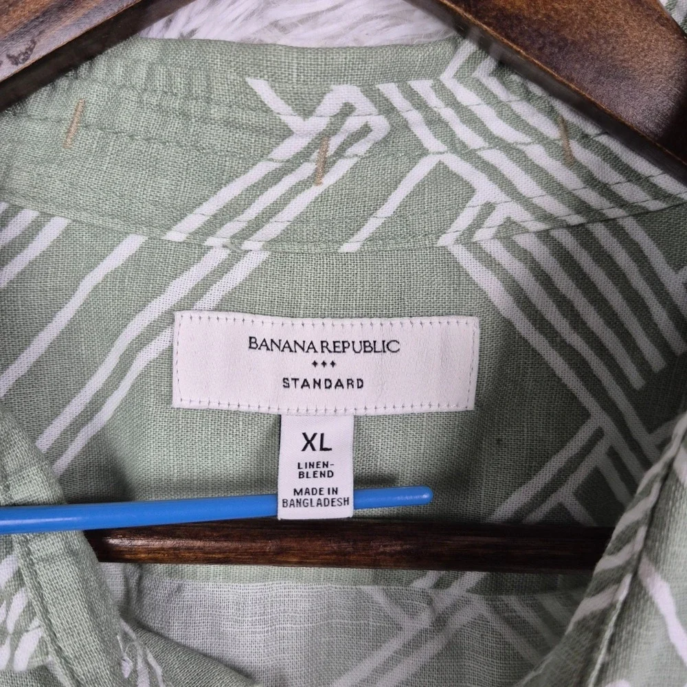 Banana Republic Mens XL Sage Green Geometric Linen Cotton Short Sleeve Shirt